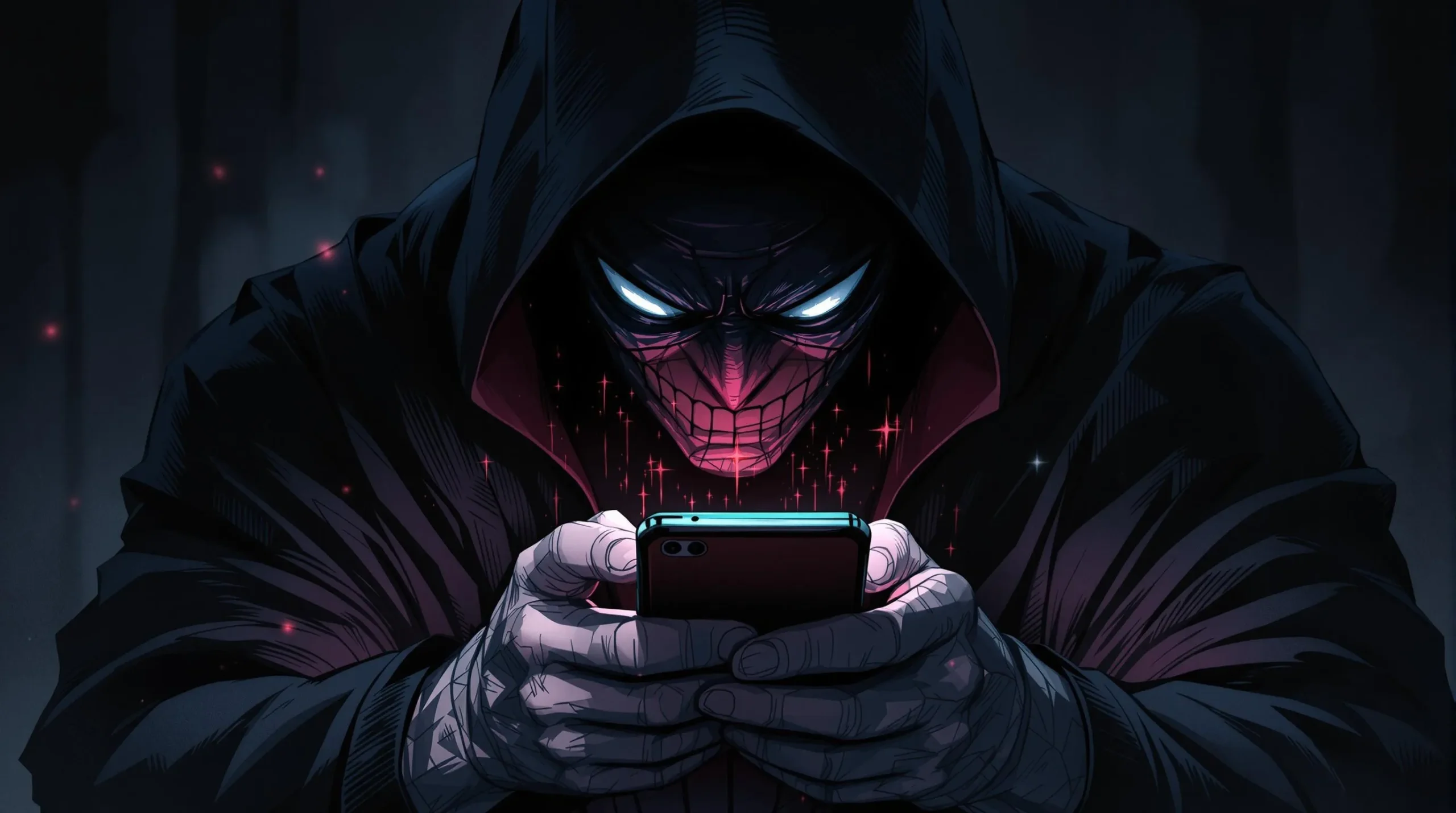 Rewire Challenge - Abstract image of a person wearing a scary mask and typing on their phone